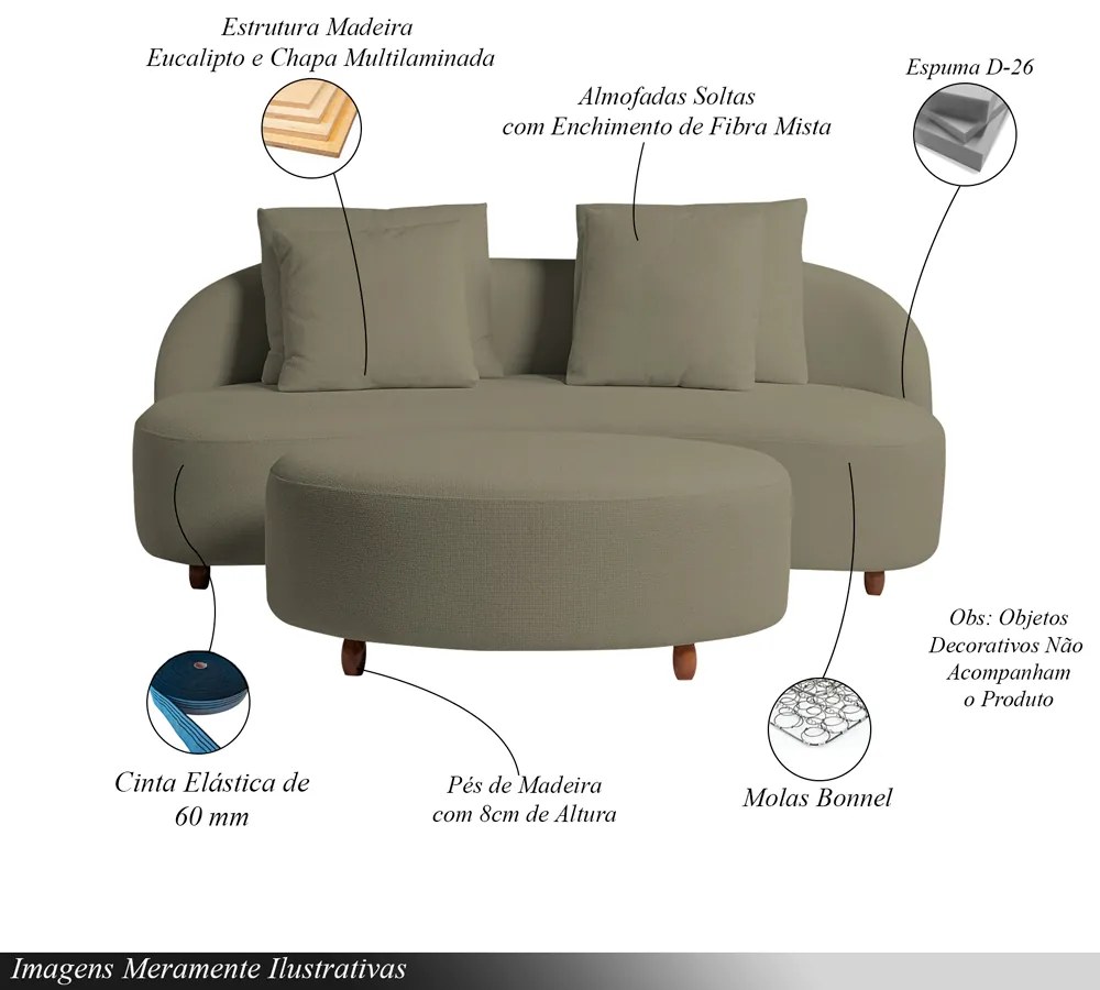 Sofá Living Sala de Estar Rocca 192cm com Puff Pés Madeira Linho Rústico Castor G92 - Gran Belo