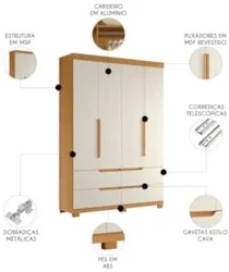 Guarda Roupa Solteiro 160cm 4 Portas Doble Cinamomo/Off - Albatroz