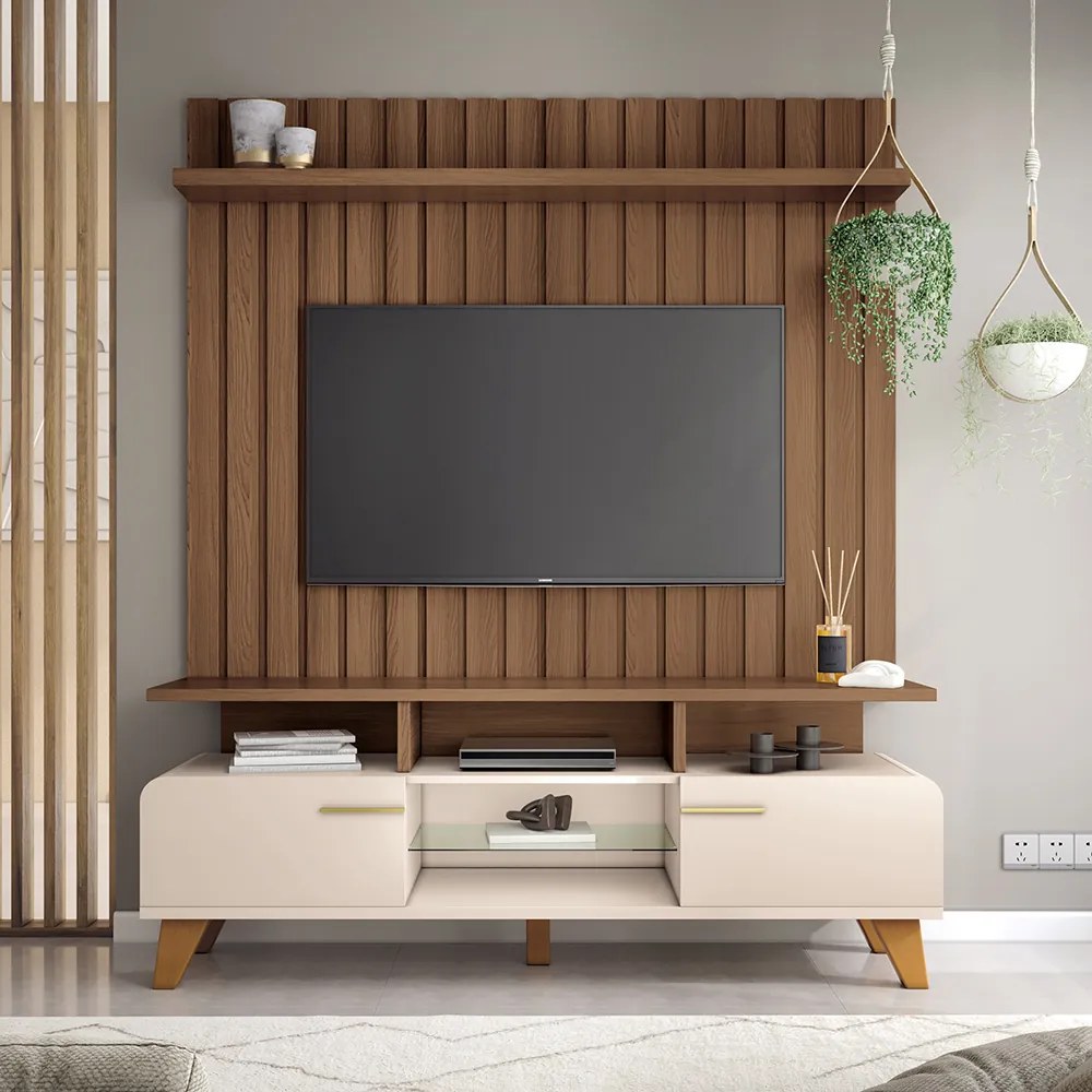 Rack para Sala Bancada de TV 70 Pol 200cm Zuri 1.6 H01 - D'Rossi - Off White e Castanho