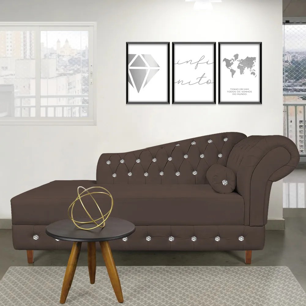 Divã Chesterfield 165 cm Capitonado com Strass Suede D'Rossi - Marrom