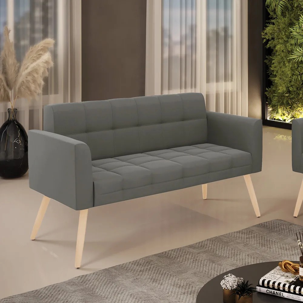 Sofá Namoradeira Elisa Suede Grafite Pés Palito Natural - D'Rossi