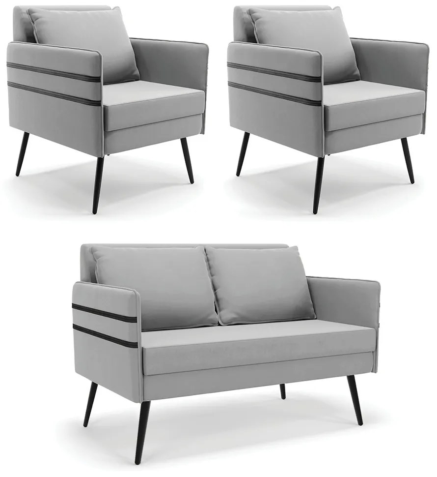 Kit 01 Namoradeira 02 Lugares e 02 Poltronas Mari Suede Cinza Pés Palito de Ferro