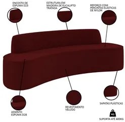 Sofá 4 Lugares para Sala de Estar Living 230cm Koane D06 Veludo Bordô
