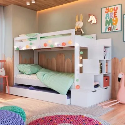Treliche Infantil Branco Escada Lateral Nichos Gavetas e Cama Auxiliar Completa Móveis
