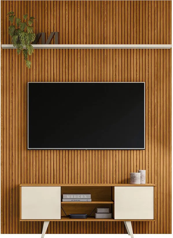 Conjunto Painel com Bancada Morpheus 2 Portas Deslizantes MDP até 65 Cinamomo/OffWhite G97 - Gran Belo