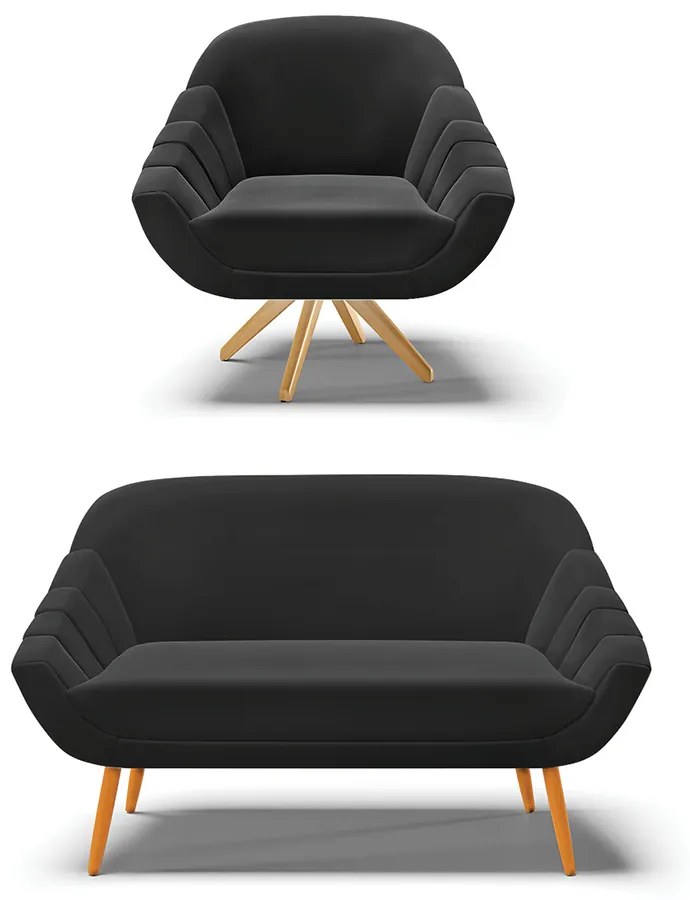 Kit 01 Namoradeira 02 Lugares e 01 Poltrona Giratória Giovana Suede Preto Base Madeira MA30 - D'Rossi