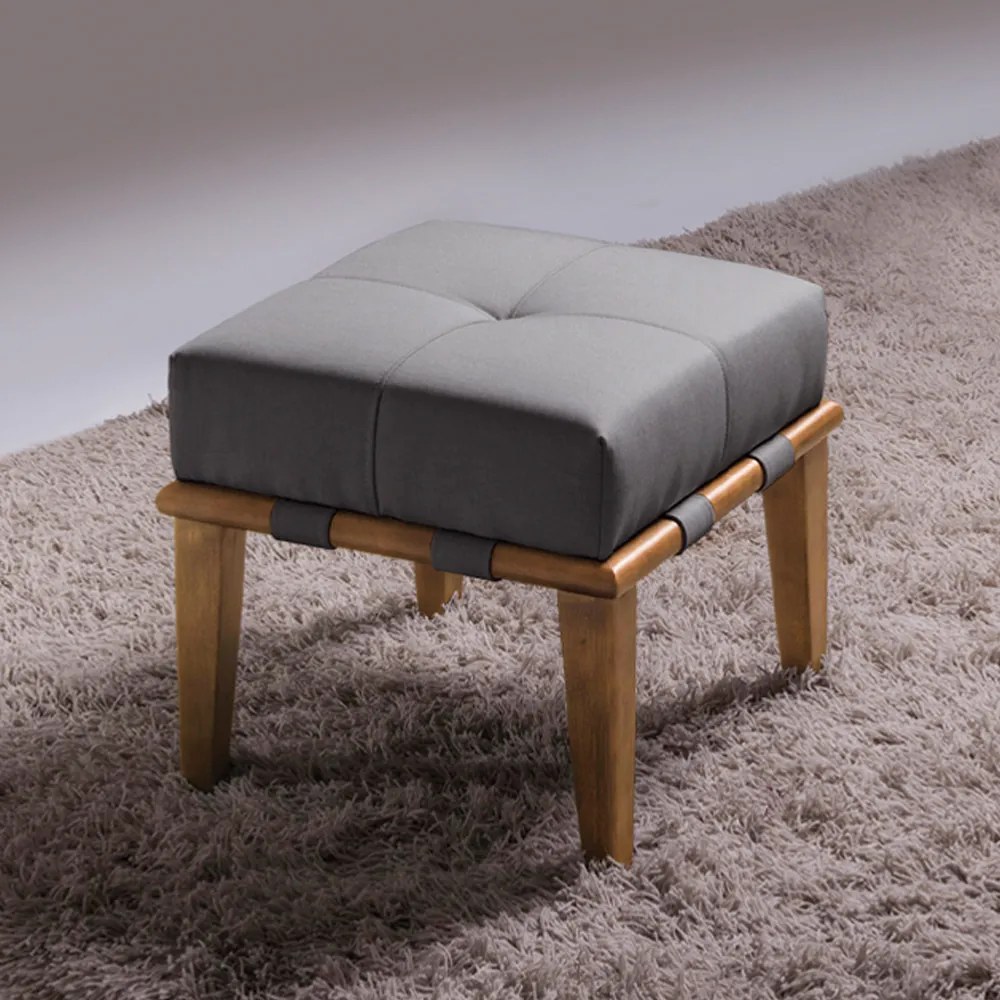 Puff Decorativo 45cm Martínez Linho Pés Madeira Cinza/Natural G62 - Gran Belo