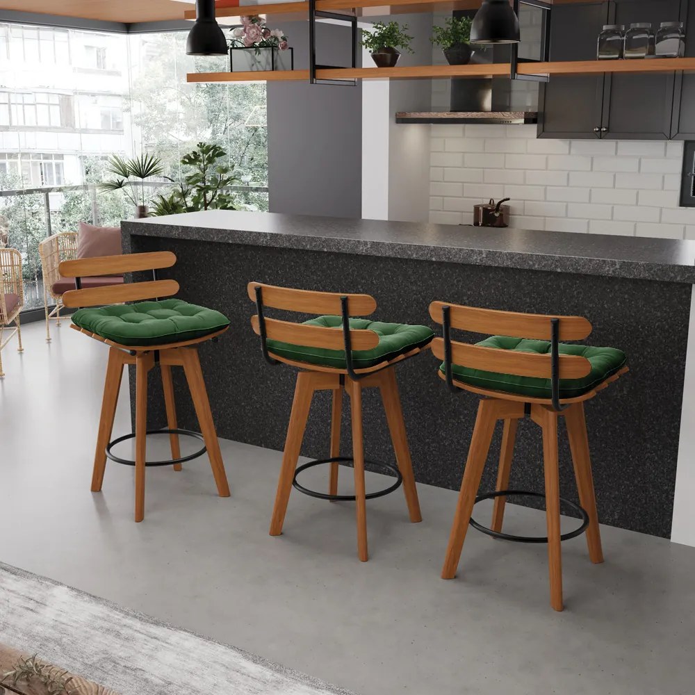 Banqueta Giratória Costela Suede Verde Base Madeira MA70 - D'Rossi