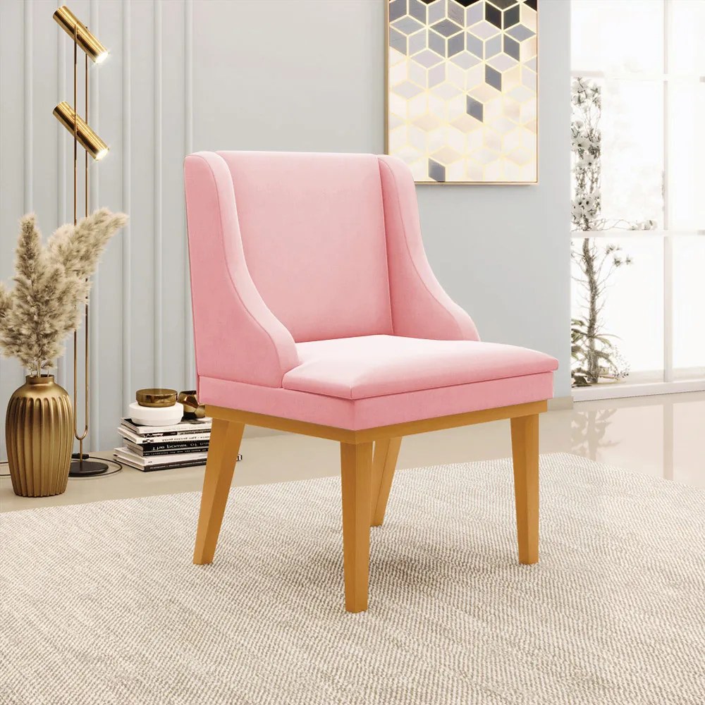 Kit 3 Cadeiras Decorativas Sala de Jantar Base Fixa de Madeira Firenze Suede Rosa Bebê/Castanho G19 - Gran Belo