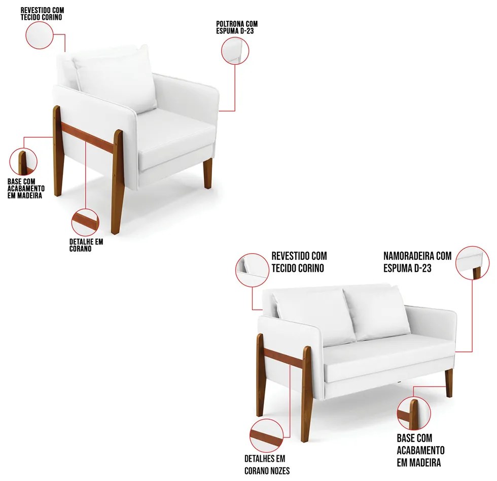 Kit 1 Sofá Namoradeira e 2 Poltronas Lana Corino Base de Madeira D03 - D'Rossi - Branco