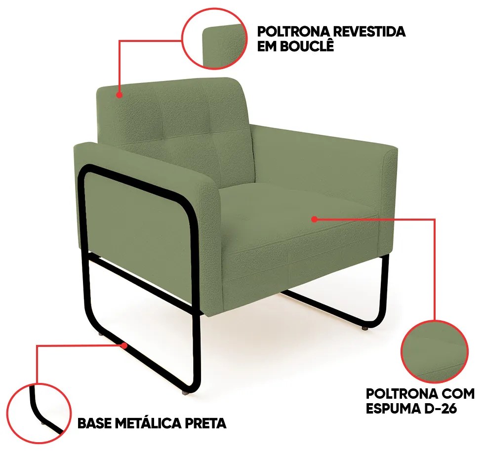 Poltrona Sala Industrial Alta Tubo Preto Elisa Bouclê D03 - D'Rossi - Pistache
