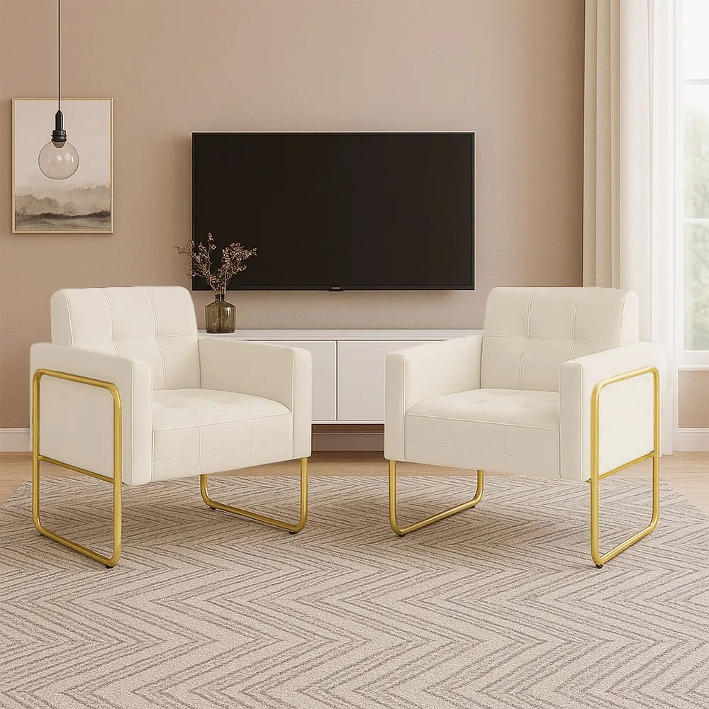 Poltrona Sala Industrial Alta Tubo Dourado Kit 2 Elisa Veludo D03 - D'Rossi - Bege