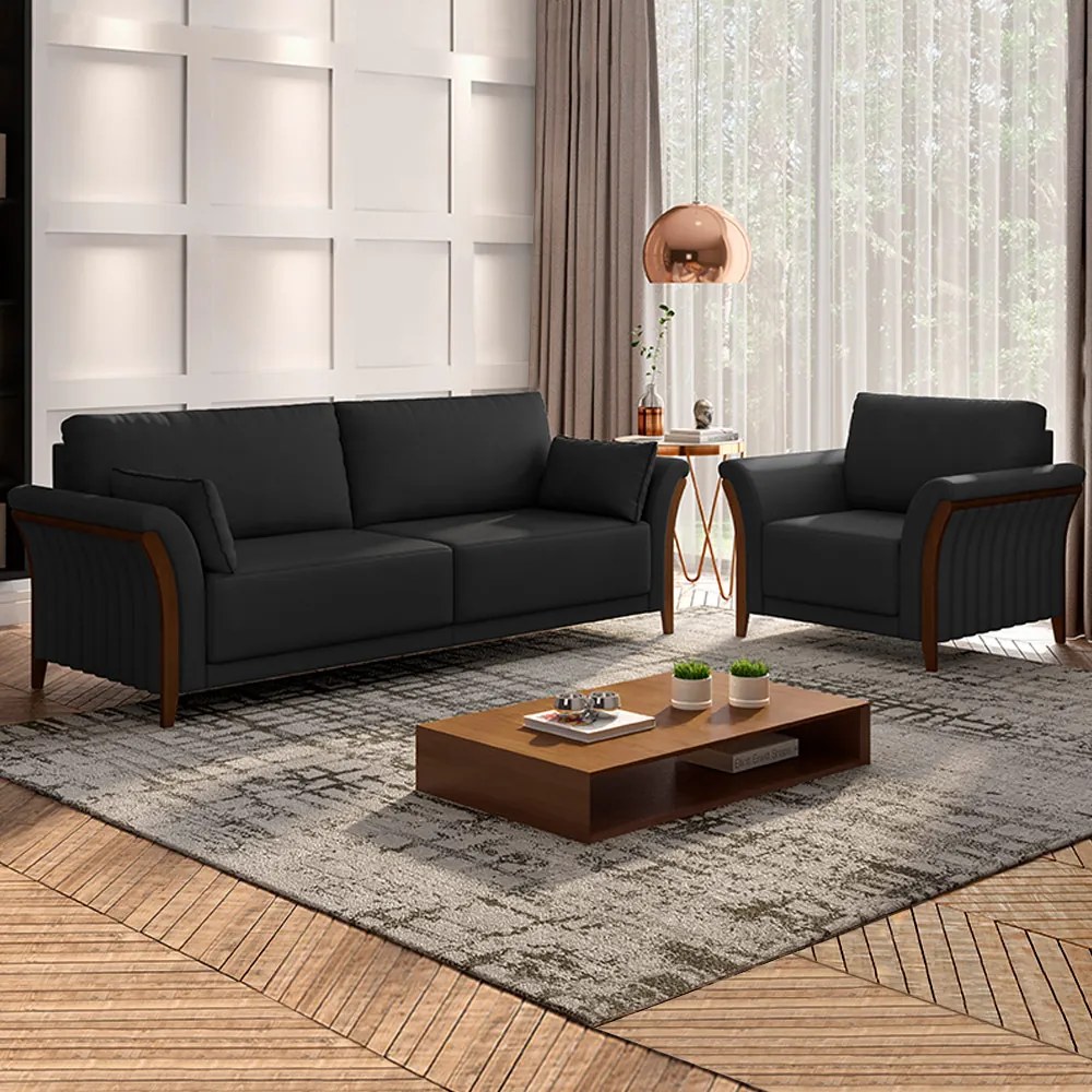 Conjunto Decorativo Poltrona e Sofá 222cm Market PU Preto G45 - Gran Belo