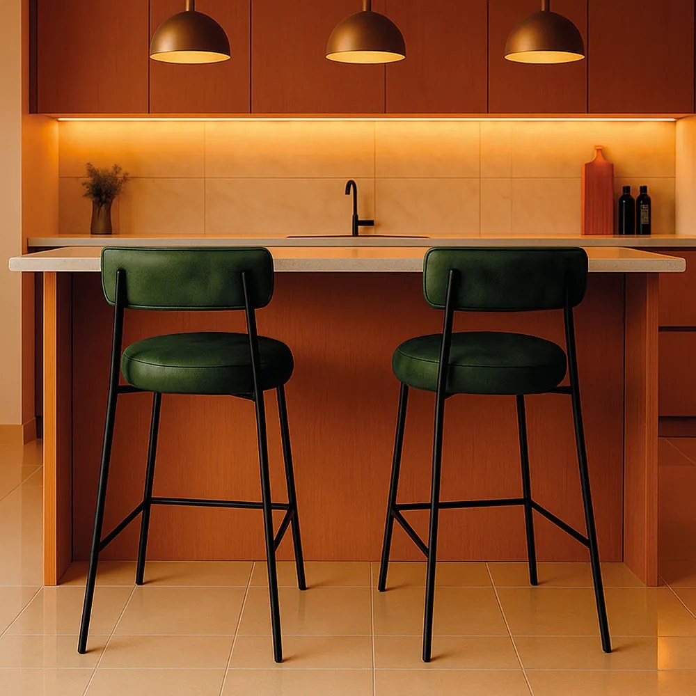 Banqueta de Cozinha Baixa com encosto Industrial em aço kit 2 Londres PU D03 - D'Rossi - Verde