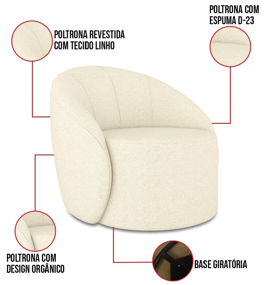 Sofá 3 Lugares Orgânico 180cm Morgan e Poltrona Lua Linho Bege D03 - D'Rossi