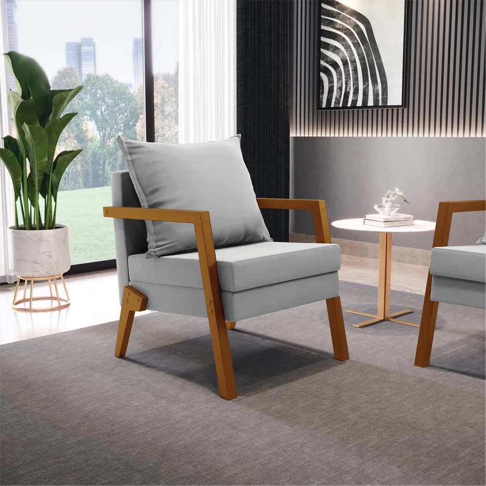 Kit 02 Poltronas Alice Suede Cinza Base de Madeira D03 - D'Rossi