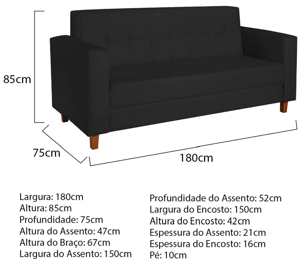 Kit Sofá 2 Lugares e Poltrona Denver Corano Preto - ADJ Decor