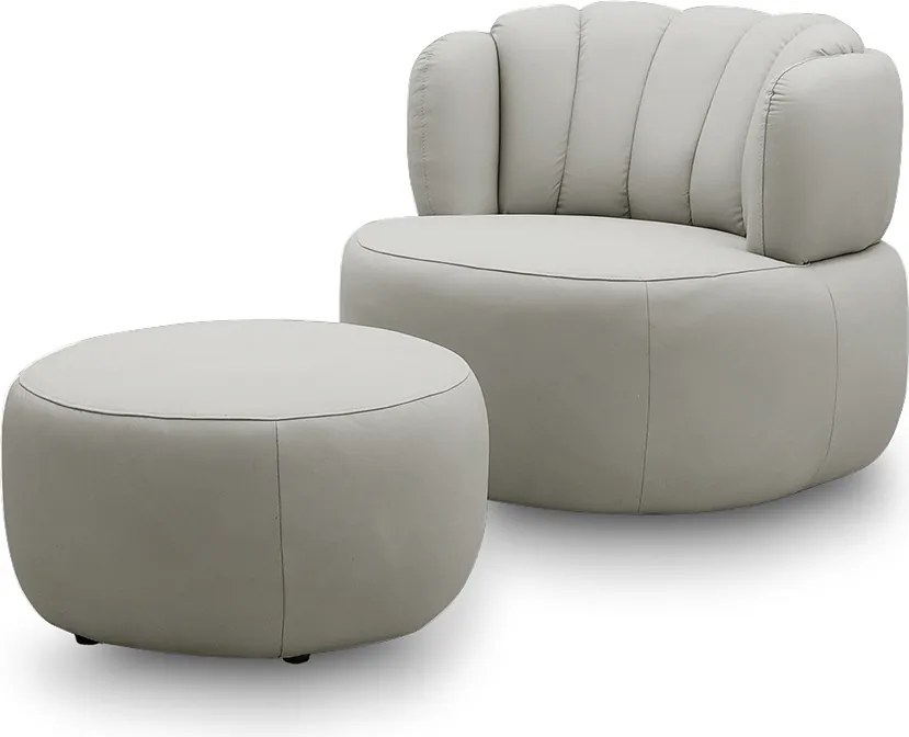 Conjunto Sala de estar Decorativo Mariele Poltrona Base Giratória em Aço com Puff Couro Off White G88 - Gran Belo