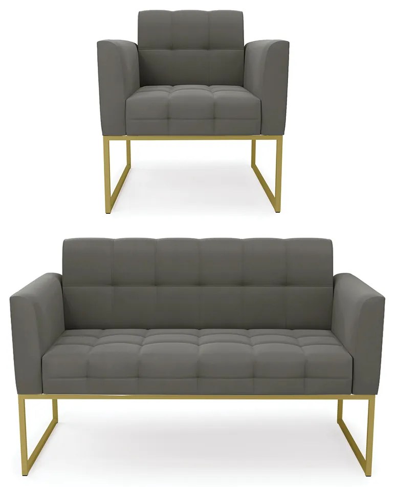 Kit 1 Sofá Namoradeira e 1 Poltrona Elisa Suede Grafite Base Metálica Industrial Dourado - D'Rossi