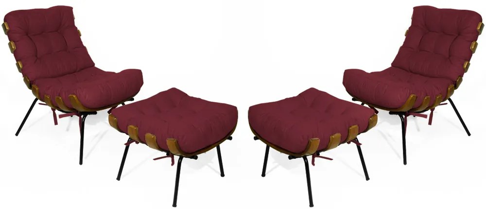 Kit 2 Poltronas Costela Com 2 Puff Costela Suede Bordô