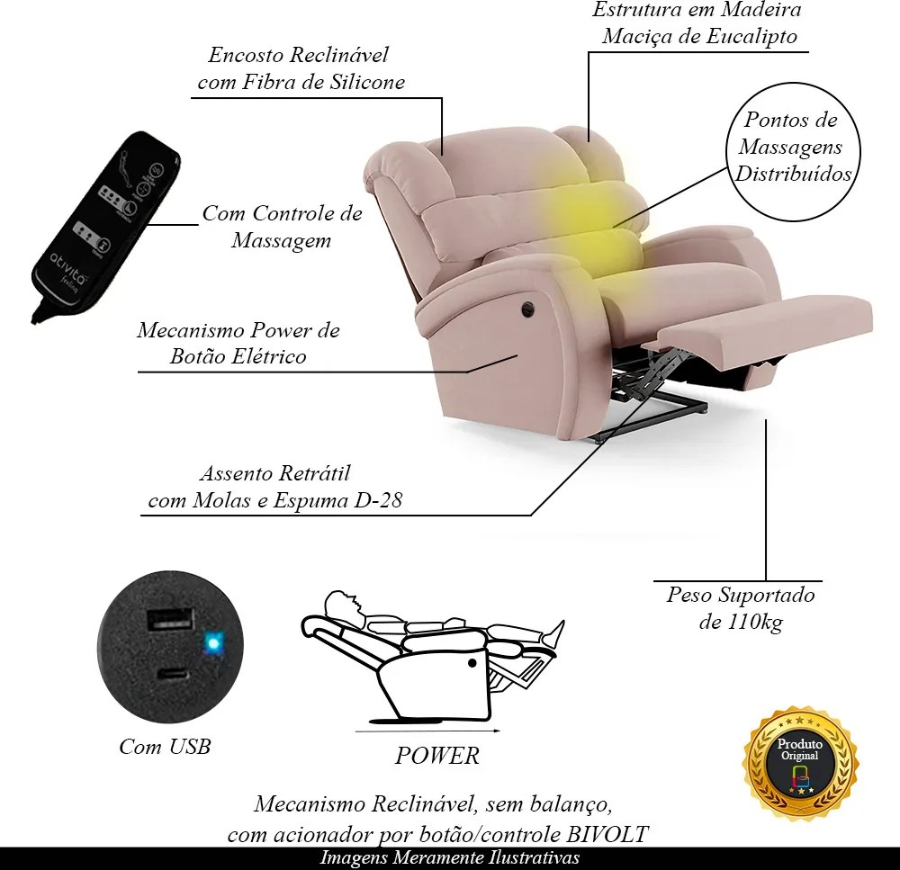 Poltrona do Papai Sala de Cinema Reclinável Kylie Power Elétrica Massagem USB Veludo Rosê G23