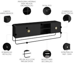 Rack Bancada Tv 70 Pol 180cm 2 Portas Mario Nero/Preto A10  - Mpozenat