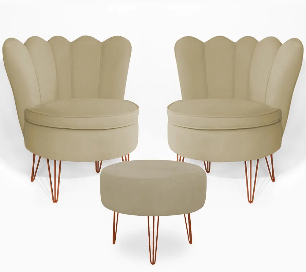Conjunto 2 Poltrona Dália com Puff Chloe Pés Hairpin Legs Bronze Veludo Nude
