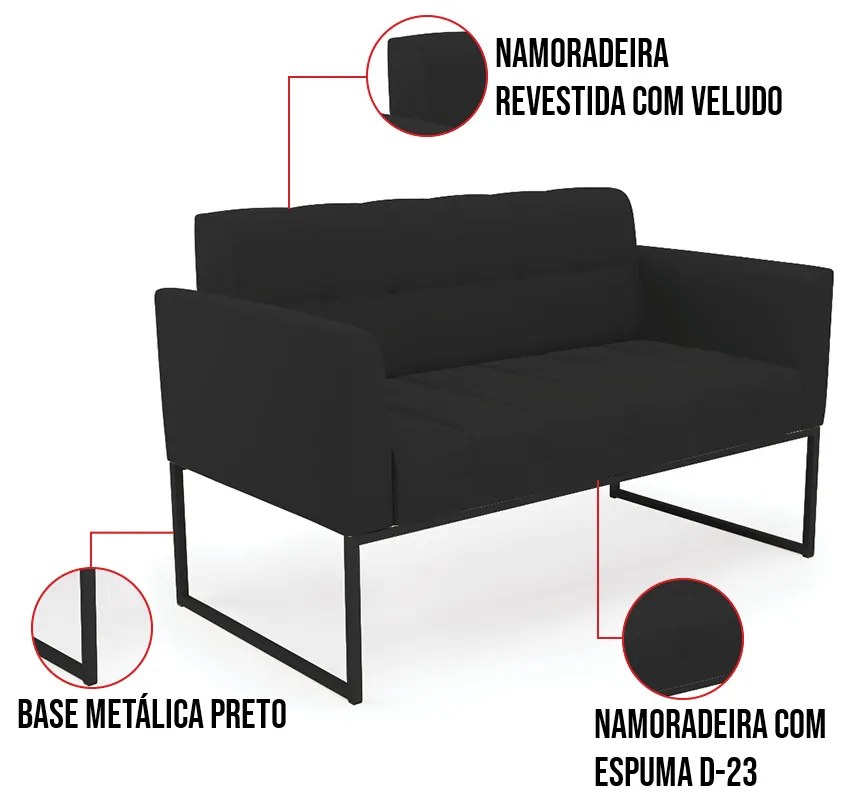 Kit 1 Sofá Namoradeira e 1 Poltrona Elisa Veludo Preto Base Metálica Industrial Preto D03 - D'Rossi