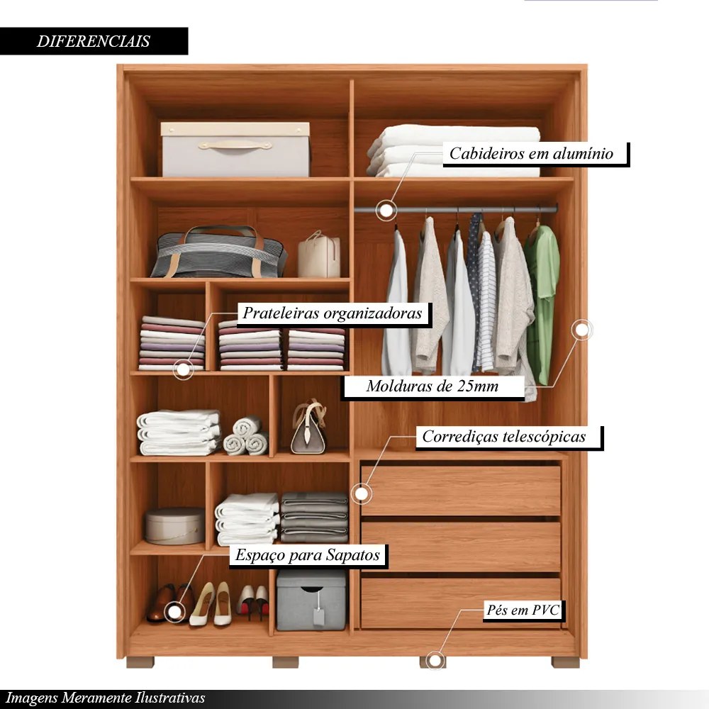 Guarda Roupa Solteiro Glory 4 Portas de Bater 3 Gavetas MDF Freijo/Sued G11 - Gran Belo