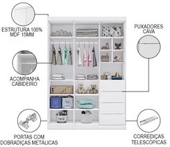 Guarda Roupa Infantil 3 Portas e 4 Gavetas Eloá Branco - Phoenix