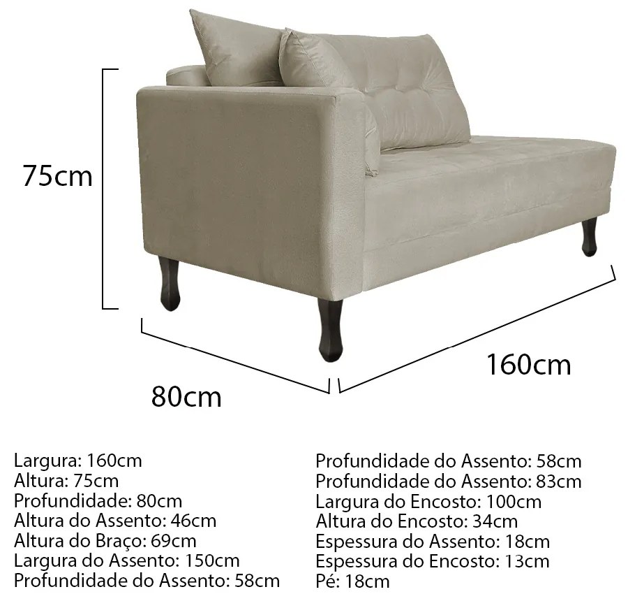 Kit Diva Recamier Azura 160cm Lado Direito e 02 Poltronas Classic Linho - ADJ Decor