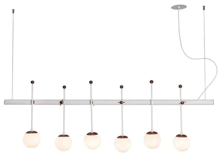 Pendente Varal 42X150X20Cm 06Xg9 Globo Ø12Cm - Usina 50000/6 (BT / CB-P - Branco Texturizado / Cobre Brilho Polido, Branco (Fosco))