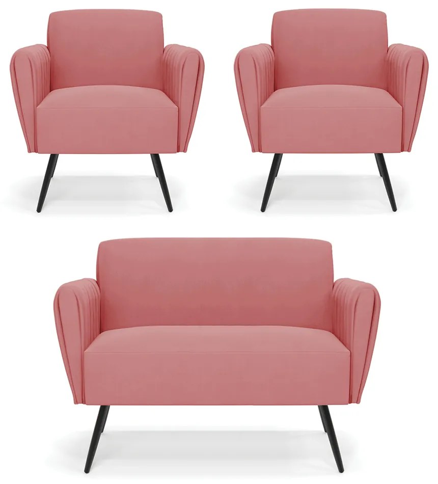 Sofá Namoradeira com 2 Poltronas Pés Palito de Ferro Bruna Suede - D'Rossi - Rose