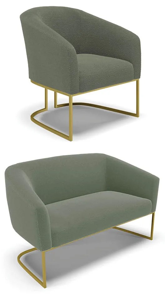Sofá Namoradeira e Poltrona Industrial Dourado Stella Bouclê D03 - D'Rossi - Verde Pistache