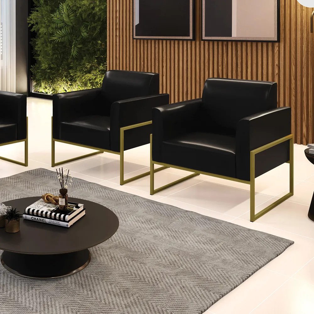 Kit 2 Poltronas Base Industrial Alta Dourado Marisa Corano Preto