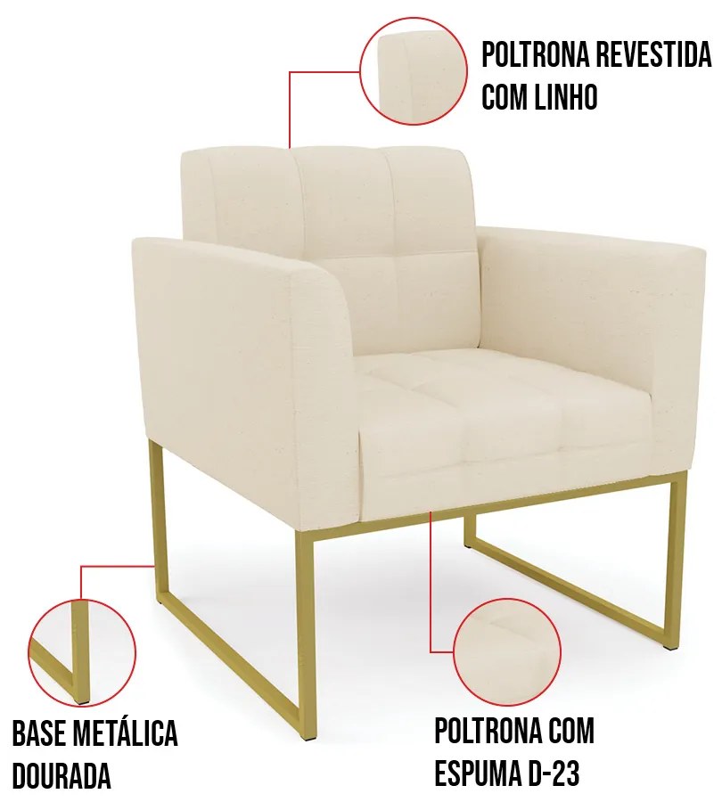 Kit 2 Poltronas Elisa Linho Base Metálica Industrial Dourado D03 - D'Rossi - A19 Bege