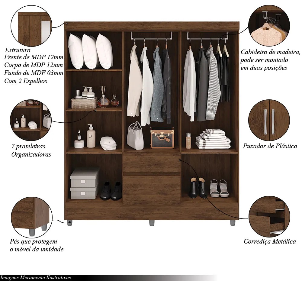 Guarda Roupa Casal Abruzzo 6 Portas de Bater 2 com Espelhos 2 Gavetas Nogueira G98 - Gran Belo