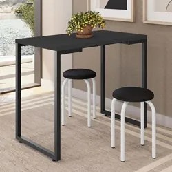 Mesa de Cozinha Bistrô Porto Preto 90cm com 2 Banquetas Industriais Ma