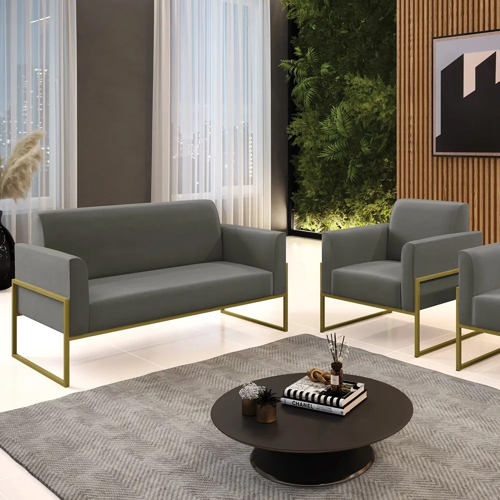 Sofá Namoradeira com Poltrona Base Industrial Alta Dourado Marisa Suede D03 - D'Rossi - Grafite