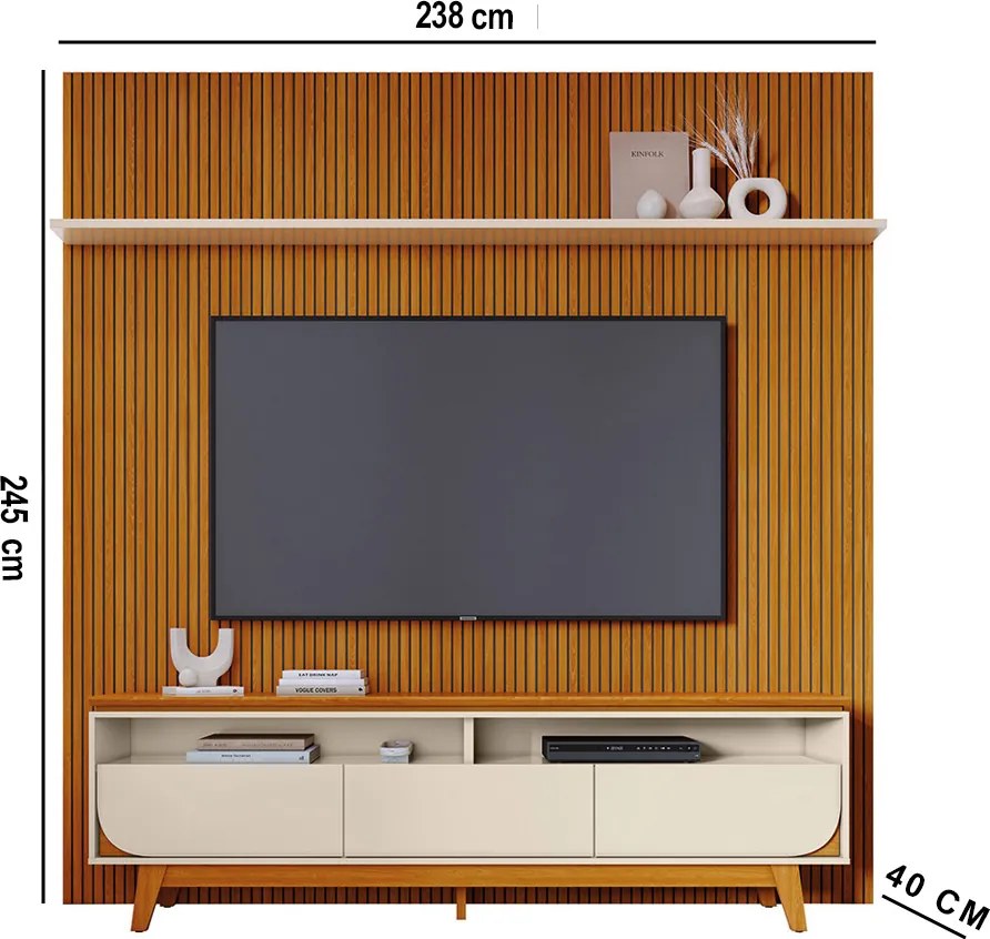 Painel TV 75 Pol 238cm Ripado Kalven e Bancada Elarin M20 - D'Rossi - Cinamomo(fosco)/Off White(brilho)
