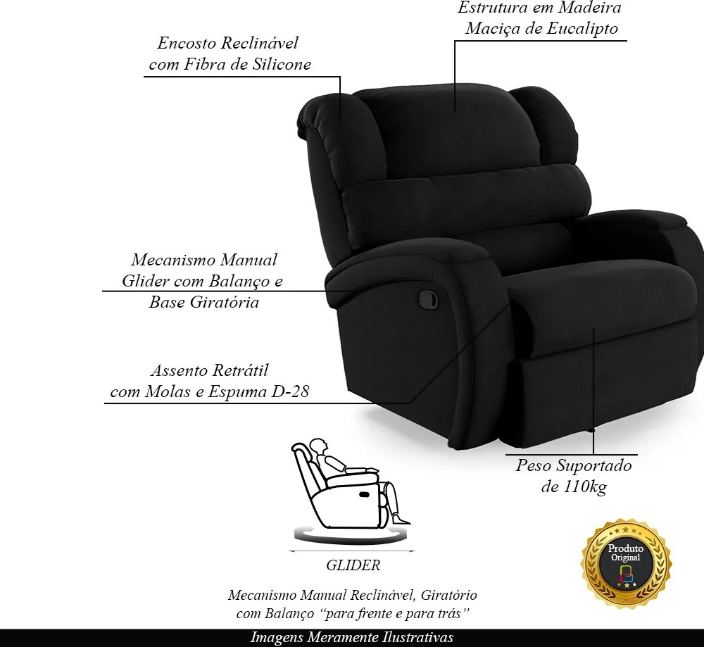 Poltrona do Papai Sala de Cinema Reclinável Kylie Glider Manual Giratória Veludo Preto G23