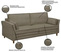 Sofá Living 3 Lugares 220cm Pés Madeira Efraim F05 Veludo Castor - Mpo