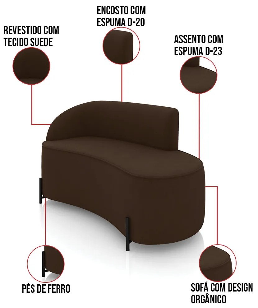 Sofá 2 Lugares Orgânico 140cm Pé Ferro Preto Morgan Suede D03 - D'Rossi - Marrom