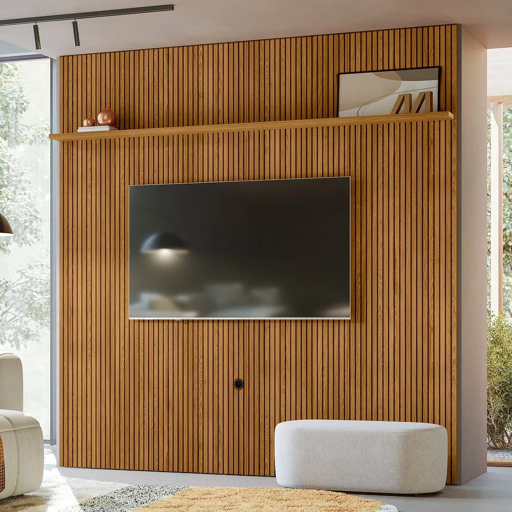 Painel TV 75 Pol 238cm Ripado para Sala Kalven M20 - D'Rossi - Cumaru