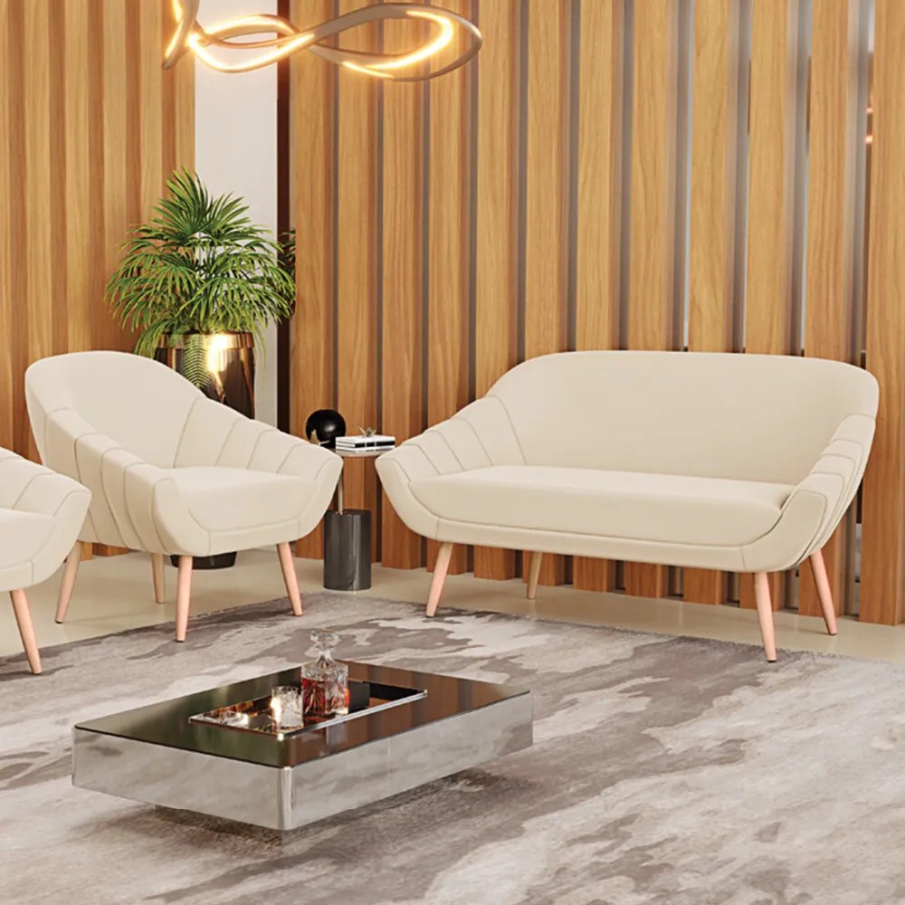Kit 01 Namoradeira 02 Lugares e 01 Poltrona Giovana Suede Bege Pés Palito Natural - D'Rossi