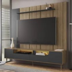 Estante Painel TV 75 Pol com LED 200cm Bianco Mel/Grafite A05 - Mpozen
