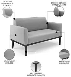 Sofá Namoradeira e 1 Poltrona Base Madeira Preto Maressa Suede Cinza -
