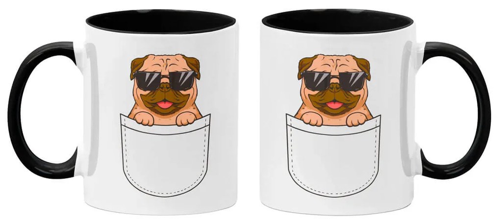 Caneca Cachorro Pug no Bolso Branca com Alça Preta