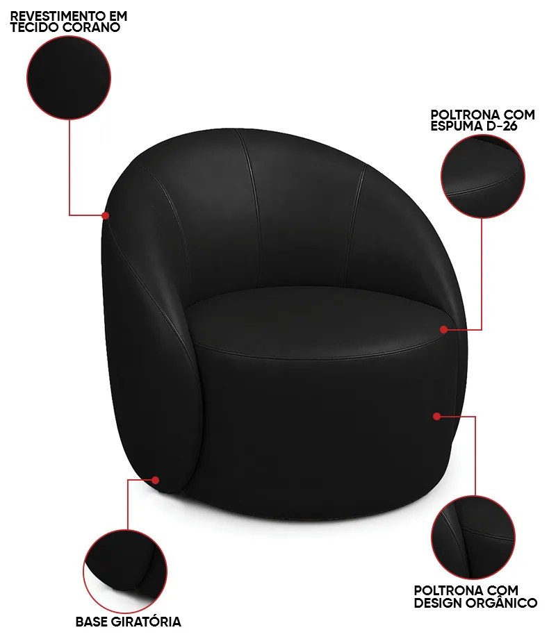 Poltrona Decorativa Orgânica Giratória Lua Sintético PU D03 - D'Rossi - Preto