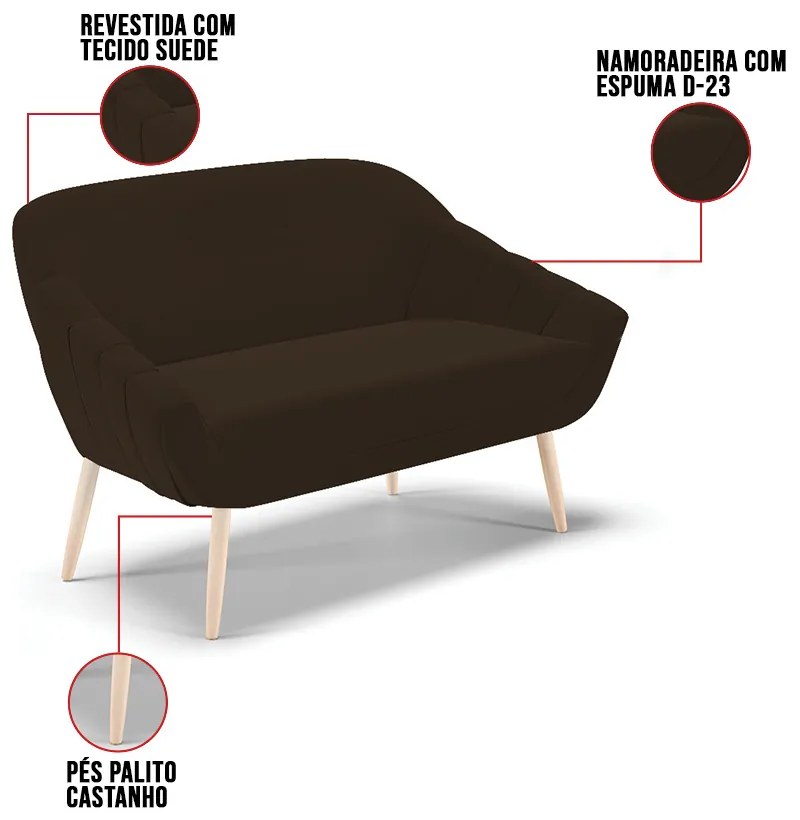 Kit 01 Namoradeira 02 Lugares e 01 Poltrona Giovana Suede Pés Palito Natural D01 - D'Rossi - Marrom